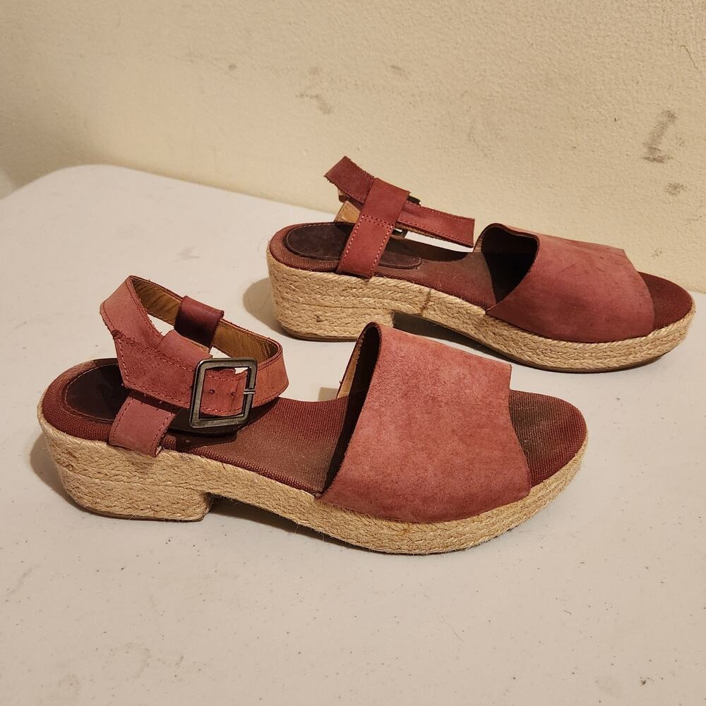 JIGSAW Boho Red Nubuck Leather Platform Sandals Straw Heels Size 8 US/ 39 EU